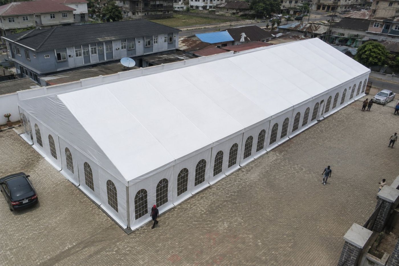Large marquee structure, aerial view